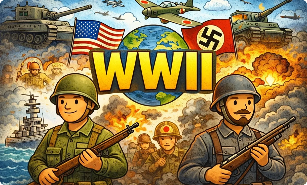 Cartoon WWII scene with tanks and planes