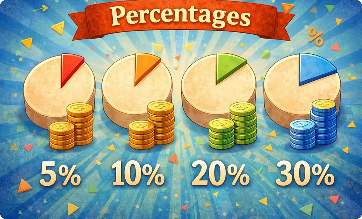 Pie charts with percentages and coins
