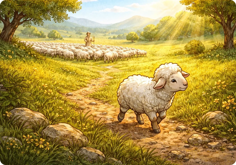 Lone sheep walking on a sunny path