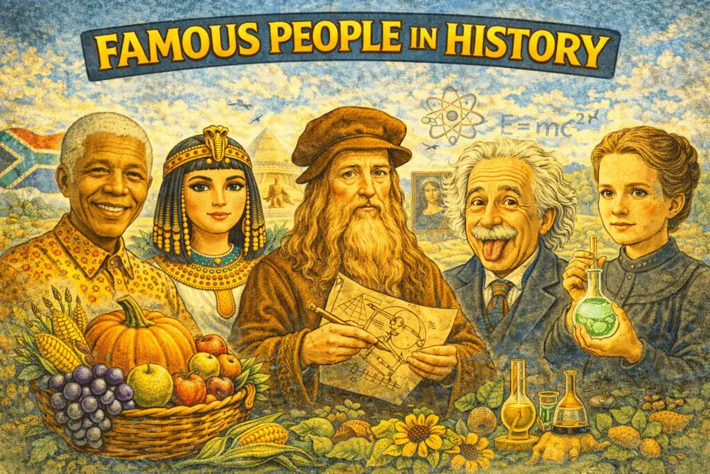 Historical figures illustration with scientific symbols