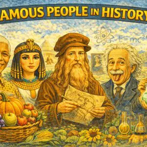 Historical figures illustration with scientific symbols