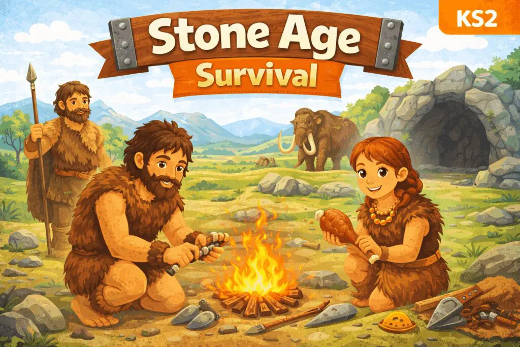 Prehistoric scene with mammoth and cave