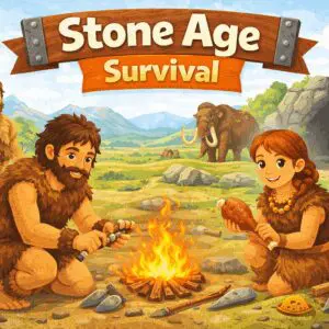 Prehistoric scene with mammoth and cave