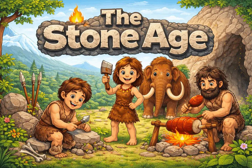 Prehistoric family cooking meat