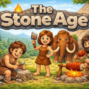 Prehistoric family cooking meat