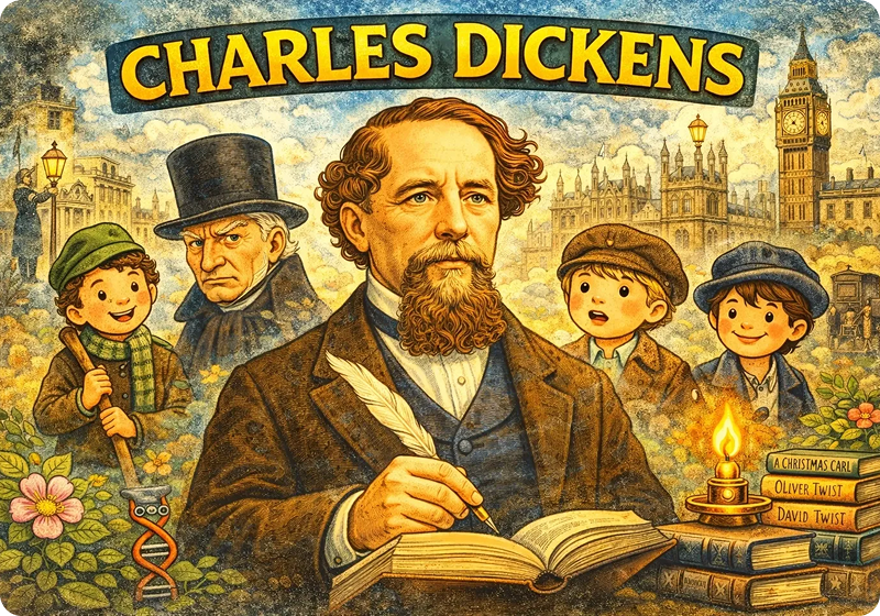 Charles Dickens with iconic characters and London backdrop