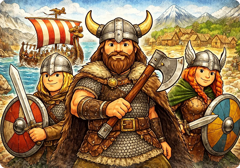 Viking ship and warriors illustration