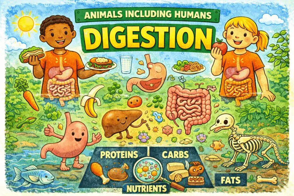 Digestive system and food breakdown chart.