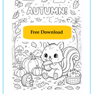 Autumn colouring sheet for children featuring seasonal images such as leaves and nature for a printable activity.