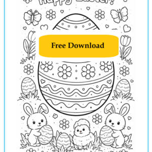 Happy Easter colouring sheet for children featuring festive Easter text and images as a printable activity.