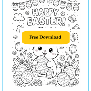 Easter colouring sheet for children featuring seasonal images to colour as a printable activity.