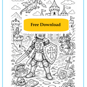 Knights and castles colouring sheet KS2 showing a medieval castle and knight as a printable history activity.