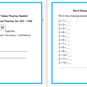 Times tables practice booklet KS1 and KS2 featuring multiplication exercises from 2 to 12 with challenges and word problems.