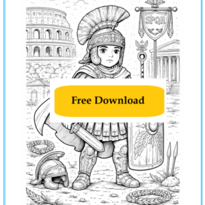 Roman soldier colouring sheet KS2 showing armour shield and equipment as a printable history activity.