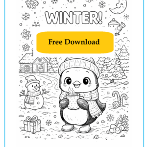 Winter colouring sheet for children featuring seasonal images such as snow and winter clothing as a printable activity.