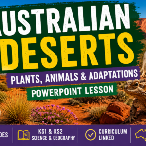 Australian Deserts PowerPoint Lesson for KS1 KS2 Geography and Science featuring desert animals, plants and adaptations