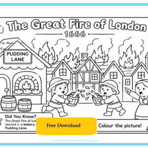 Easy Great Fire of London colouring sheet showing Pudding Lane bakery and burning Tudor houses for KS1 history.