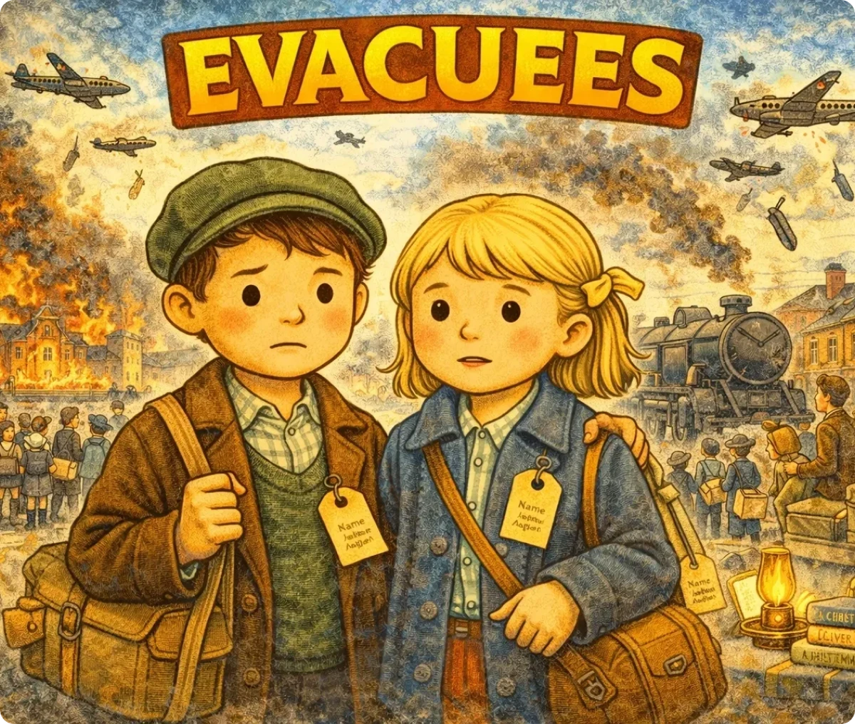 Young evacuees with luggage and tags