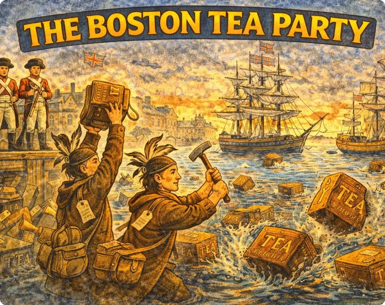 Colonists throwing tea into harbor